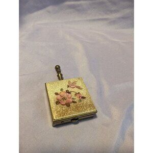 Vintage Gold-Toned Compact Case With Pink Floral Design